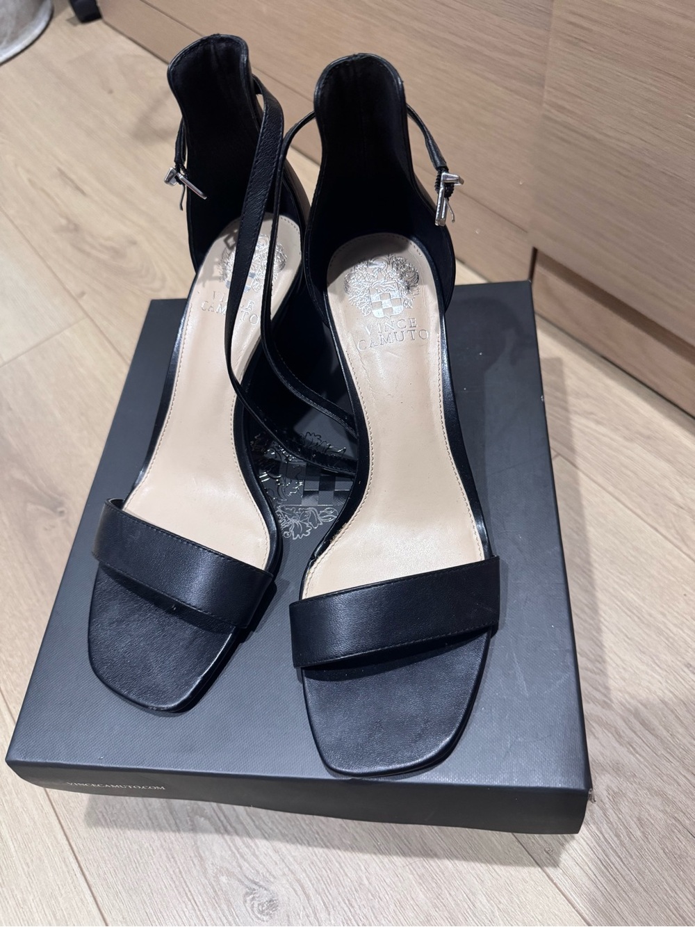 Vince Camuto Black Leather Open-Toe Ankle-Strap Heels